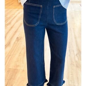 eesome Navy Blue Ruffle-Hem Cropped Jeans with Front Patch Pockets